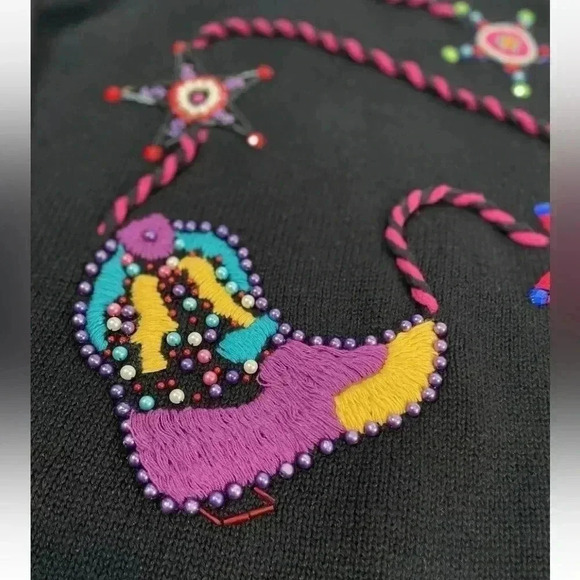 A&M Vintage Western Cowboy Sweater Black Neon Knit 80’s Crochet Jewel Woman’s M - Picture 9 of 13